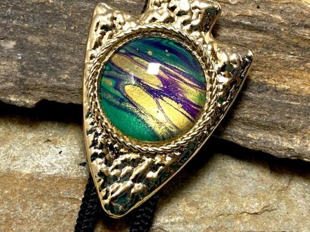 Hammered look gold arrowhead bolo with Party Gras hand painted stone Online Sale